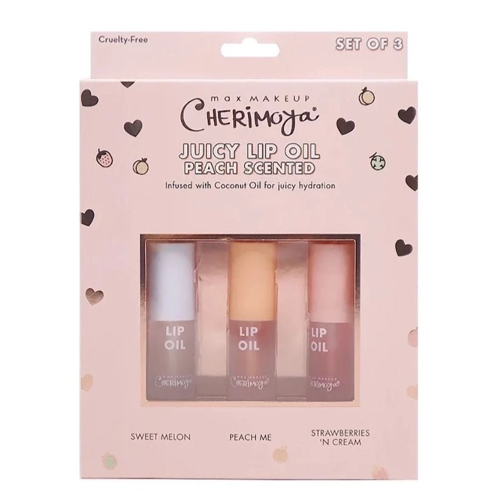 Max Makeup Cherimoya Set of 3 Lip Oil Juicy PEACH Melon Strawberry Scented New